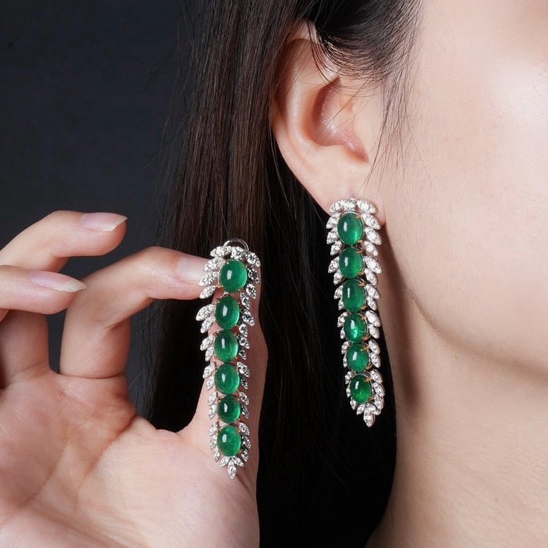 14k Gold 23.83 Ctw Vivid Green Natural Emerald & Diamond Earrings - 4