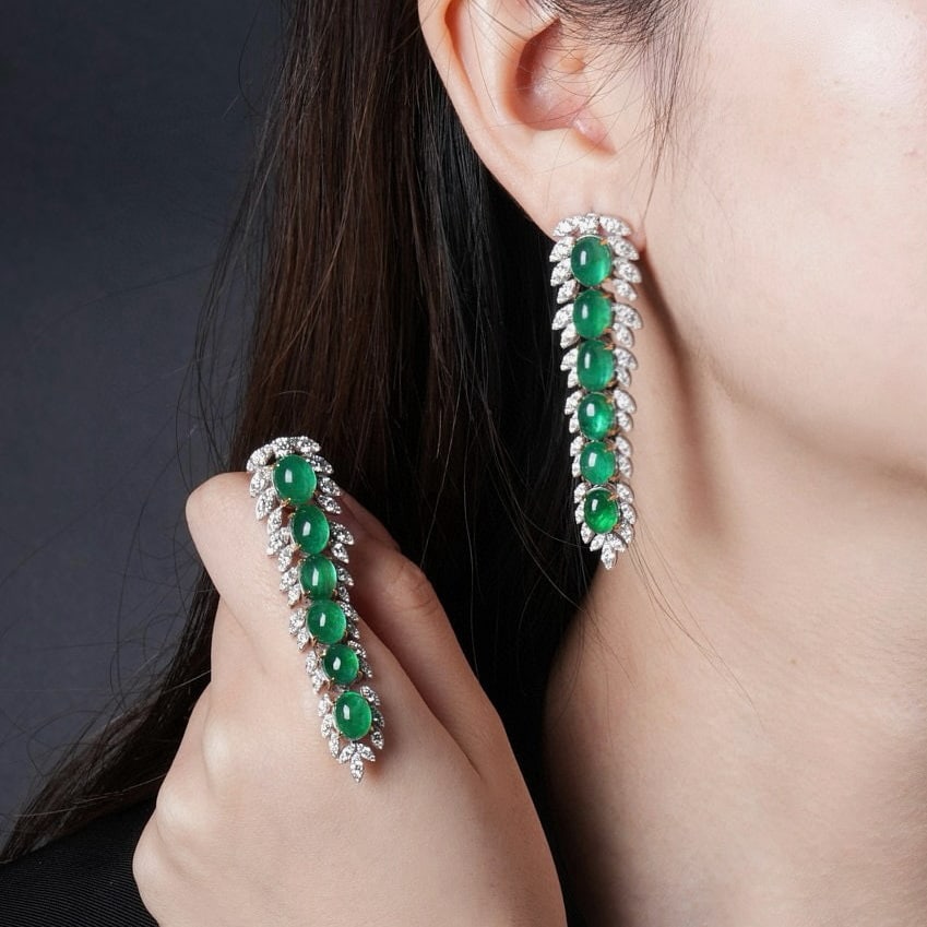 14k Gold 23.83 Ctw Vivid Green Natural Emerald & Diamond Earrings - 5