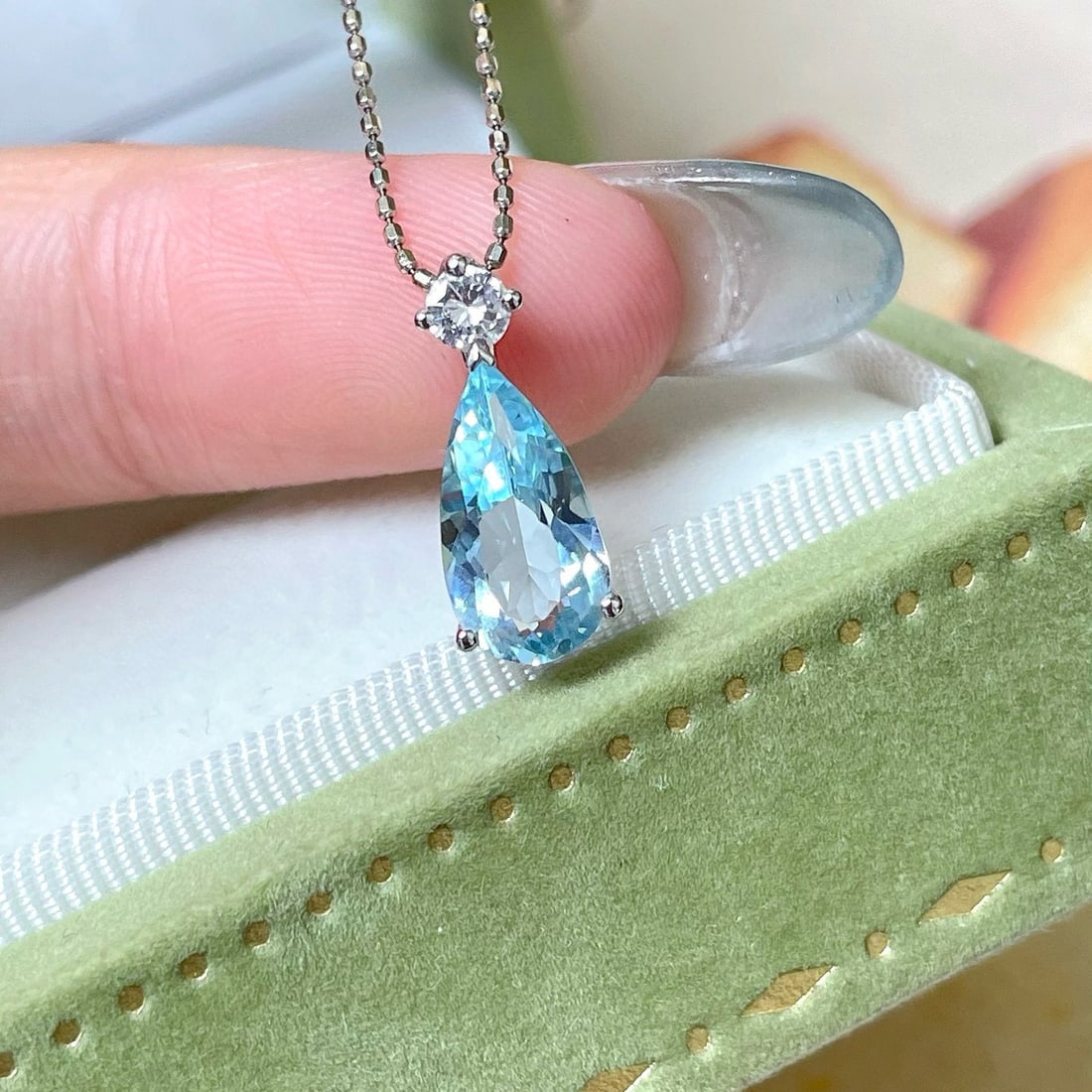 14k Gold 1.45 Ctw Natural Aquamarine & Diamond Pendant( Without Chain ) - 2