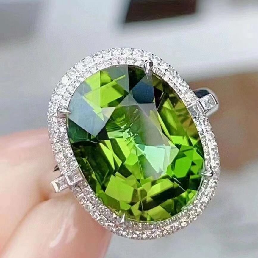 14k Gold 8.90 Ct Natural Tourmaline & Diamond Ring/pendant( Without Chain ): Ref:231052037 // gold content:14k gold // ring size:7. 25us // // main gemstone:tourmaline // shape:oval // carat weight:8. 90ct // color:green // treatment:natural // // adjacent gemstone 2 :