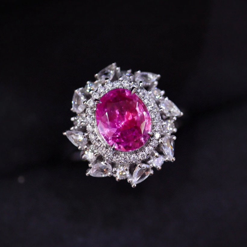 14k Gold 2.23 Ctw Natural Sapphire & Diamond Ring: Ref:231052048 // gold content:14k gold // ring size:7. 25us // // main gemstone:sapphire // shape:oval // carat weight:1. 7ct // color:pink // treatment:natural // // adjacent gemstone 2 : diamond // 