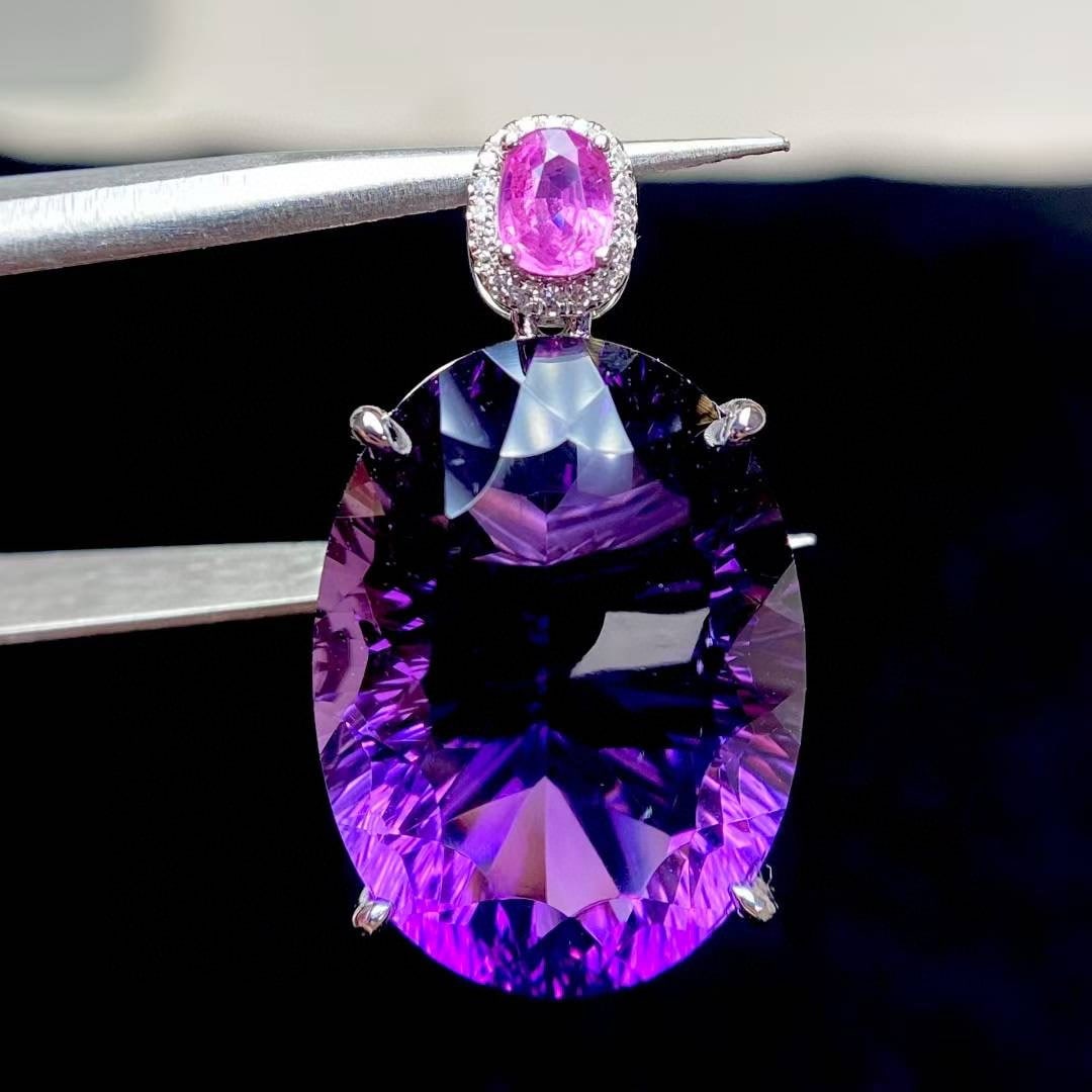 14k Gold 19.5 Ct Natural Amethyst & Diamond & Sapphire Pendant( Without Chain ) (1 of 7)