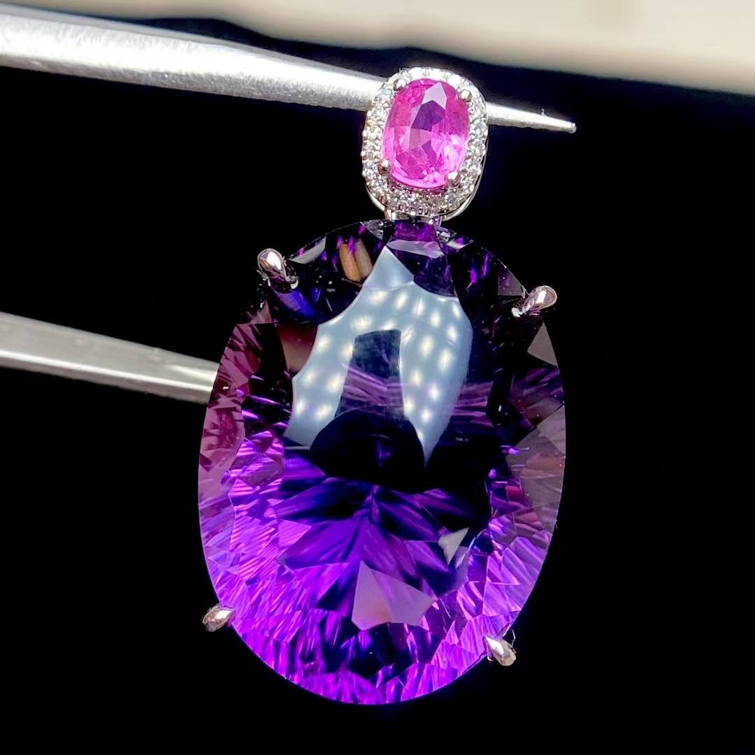 14k Gold 19.5 Ct Natural Amethyst & Diamond & Sapphire Pendant( Without Chain ) - 5