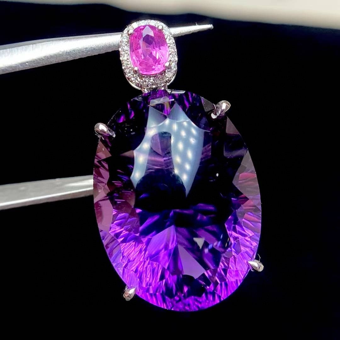 14k Gold 19.5 Ct Natural Amethyst & Diamond & Sapphire Pendant( Without Chain ) - 6