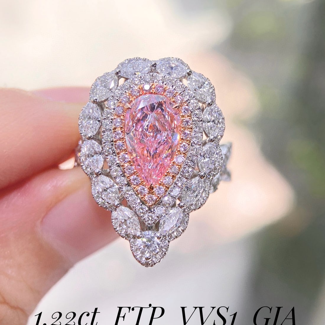 Gia Certified 14k Gold 2.88 Ctw Natural Pink Diamond & Diamond Ring/pendant( Without Chain ): Ref:231052081 // gold content:14k gold // ring size:7. 25us // // main gemstone:pink diamond // certified:gia // shape:pear // carat weight:1. 22ct // clarity grade:vvs1 // color:pink //