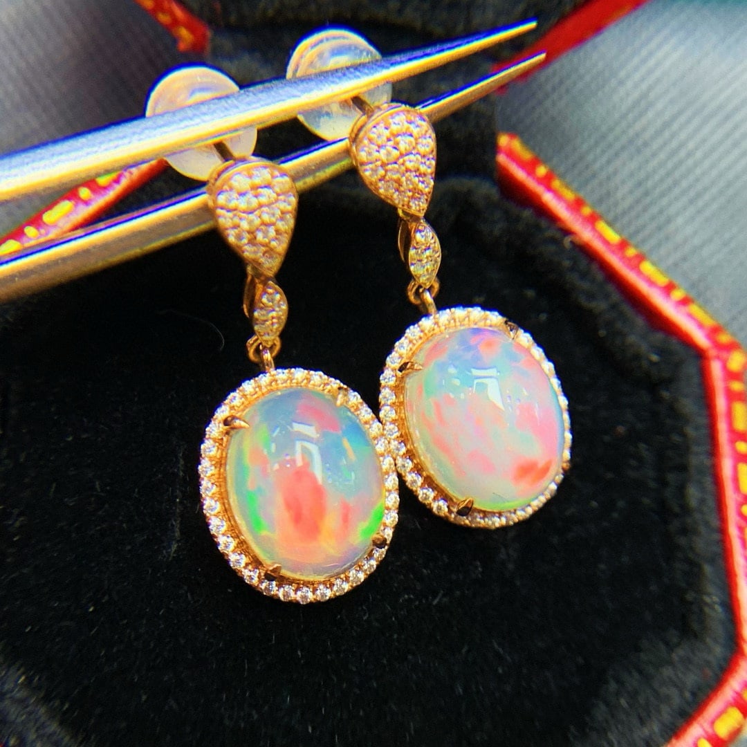 14k Gold 2.3 Ct Natural Opal & Diamond Earrings - 2