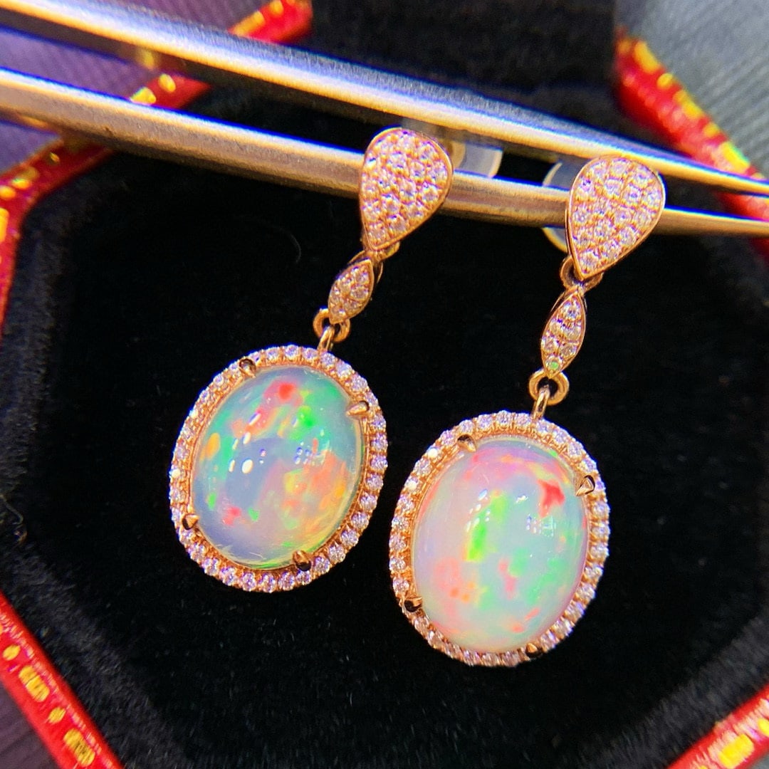 14k Gold 2.3 Ct Natural Opal & Diamond Earrings - 3