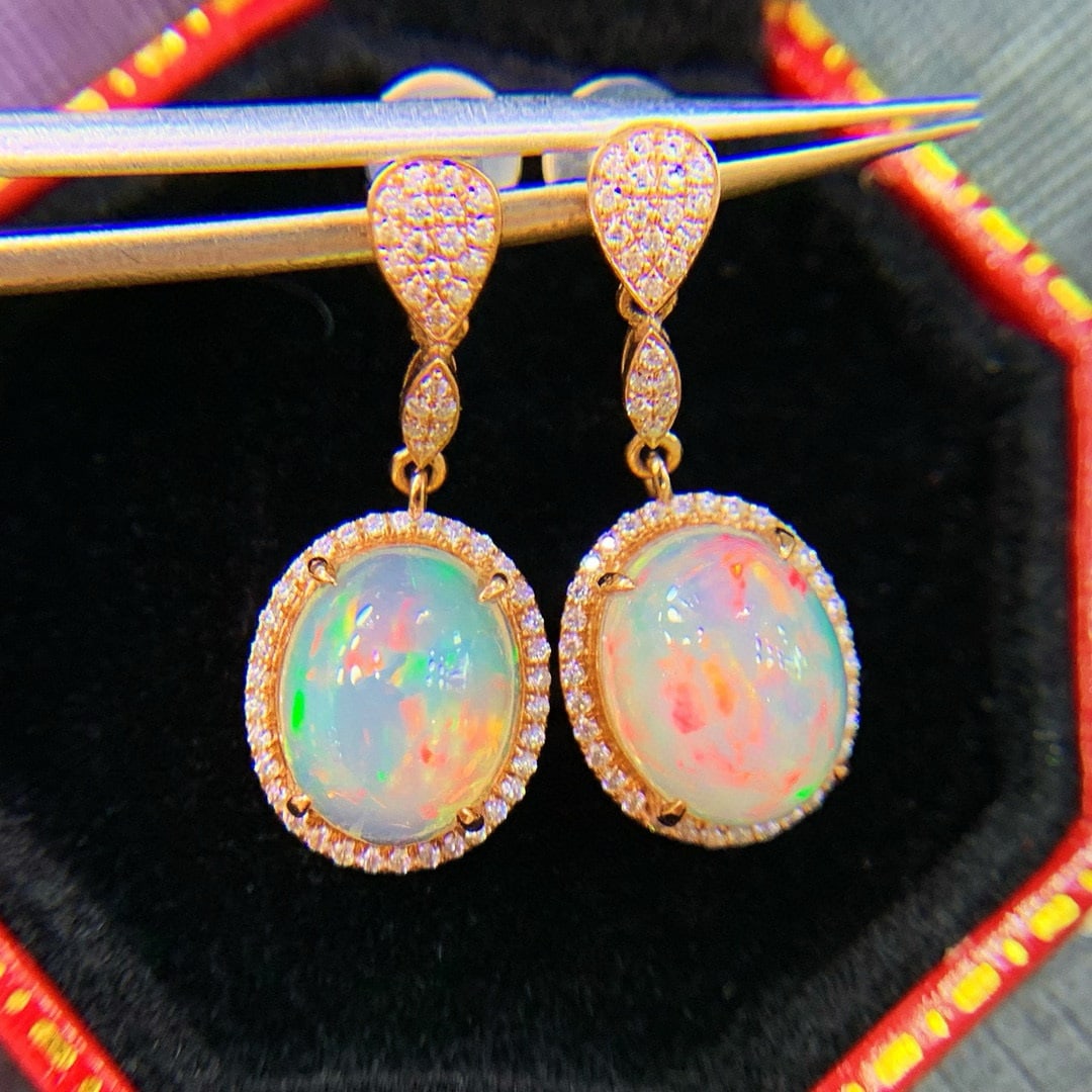 14k Gold 2.3 Ct Natural Opal & Diamond Earrings - 4