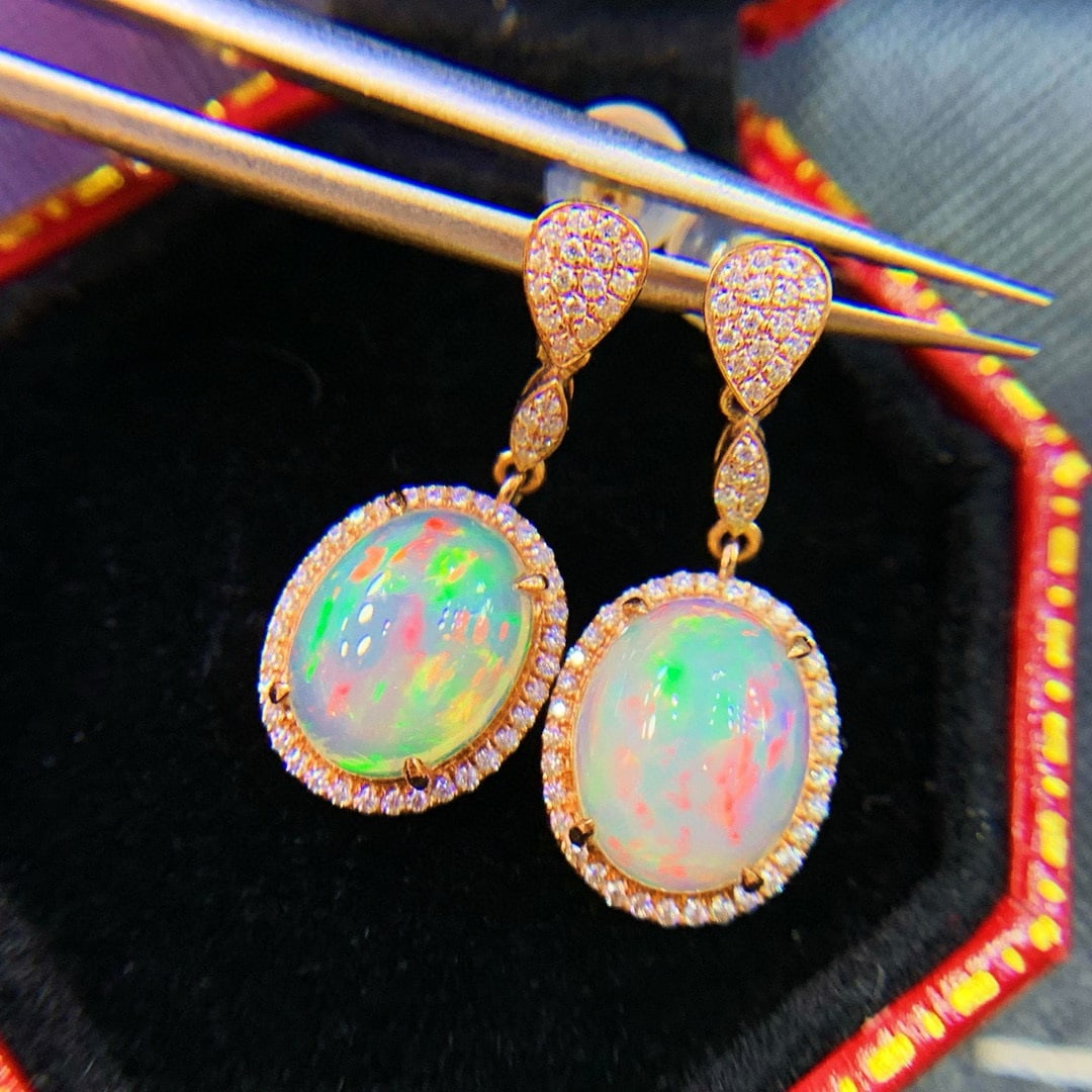 14k Gold 2.3 Ct Natural Opal & Diamond Earrings - 6