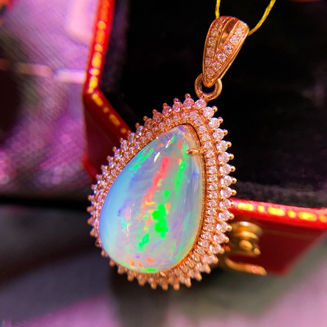 14k Gold 4.8 Ct Natural Opal & Diamond Pendant( Without Chain ) - 2