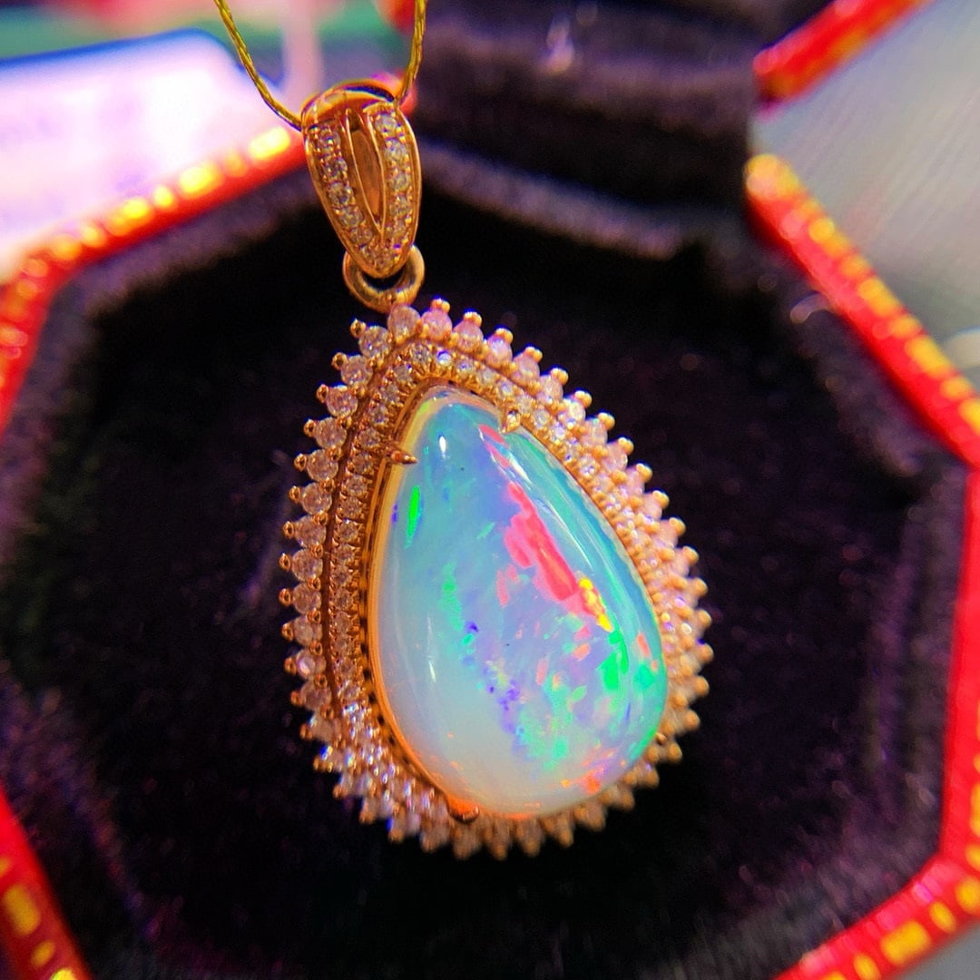 14k Gold 4.8 Ct Natural Opal & Diamond Pendant( Without Chain ) - 5