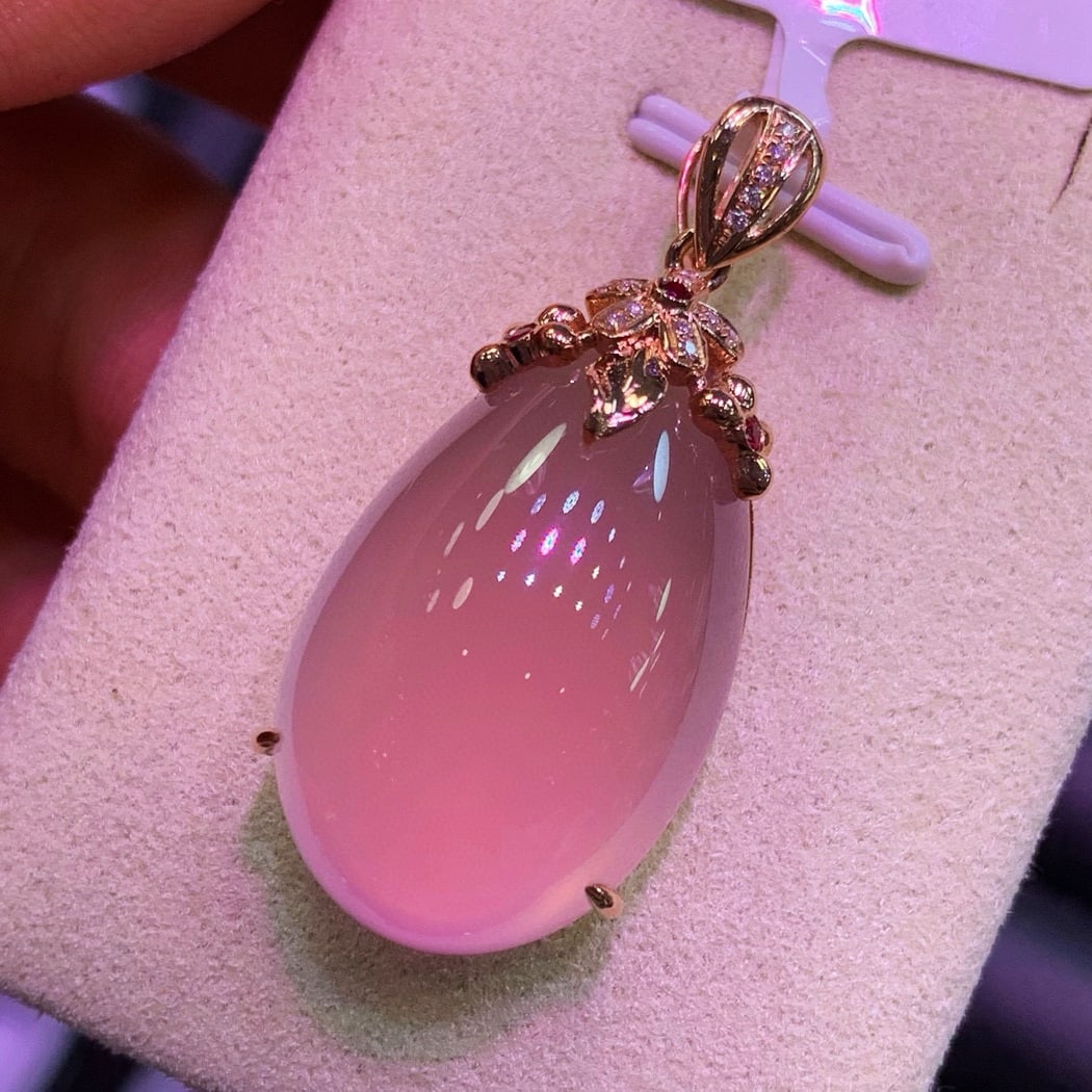 14k Gold 33 Ct Natural Rose Quartz & Diamond & Ruby Pendant( Without Chain ) - 2