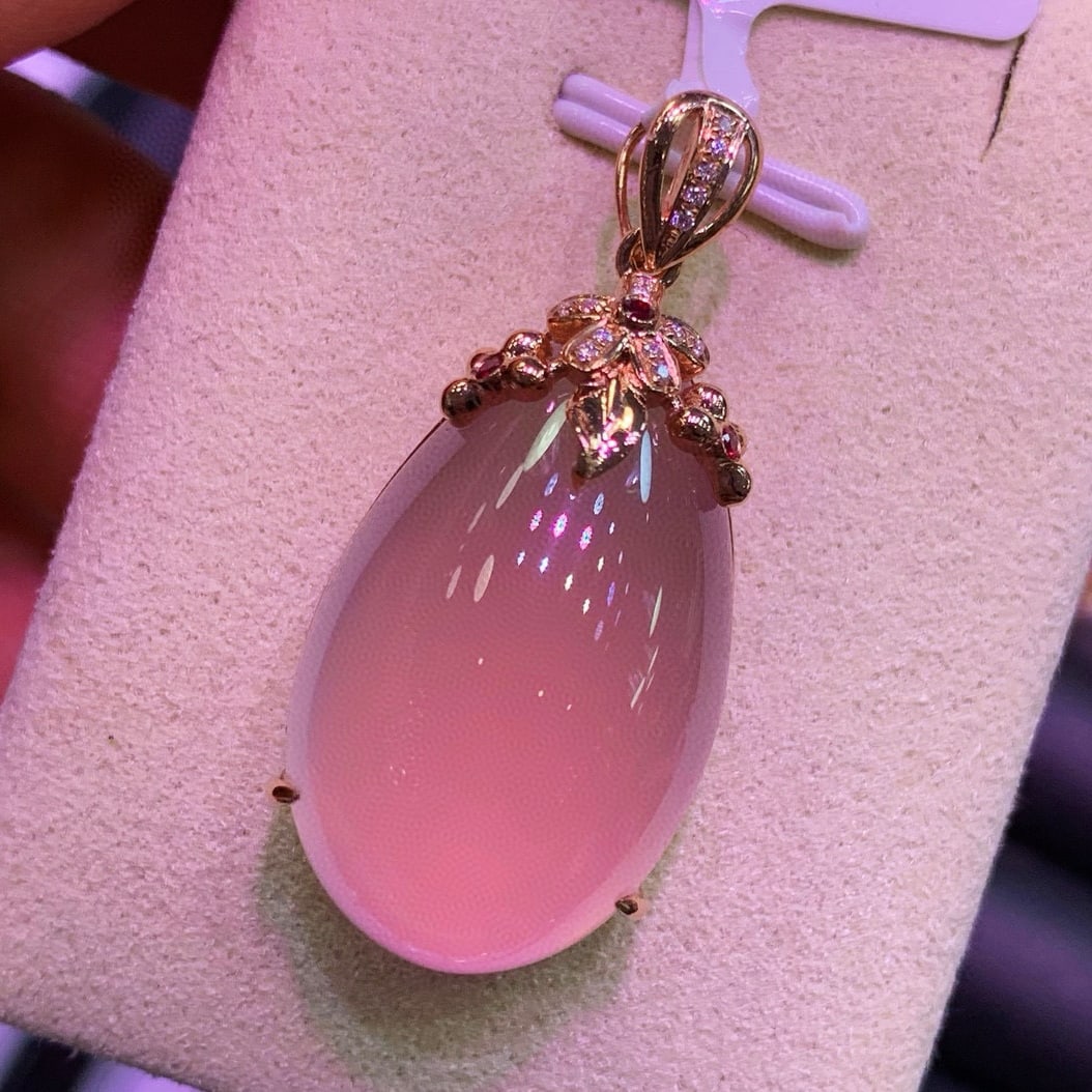 14k Gold 33 Ct Natural Rose Quartz & Diamond & Ruby Pendant( Without Chain ) - 3