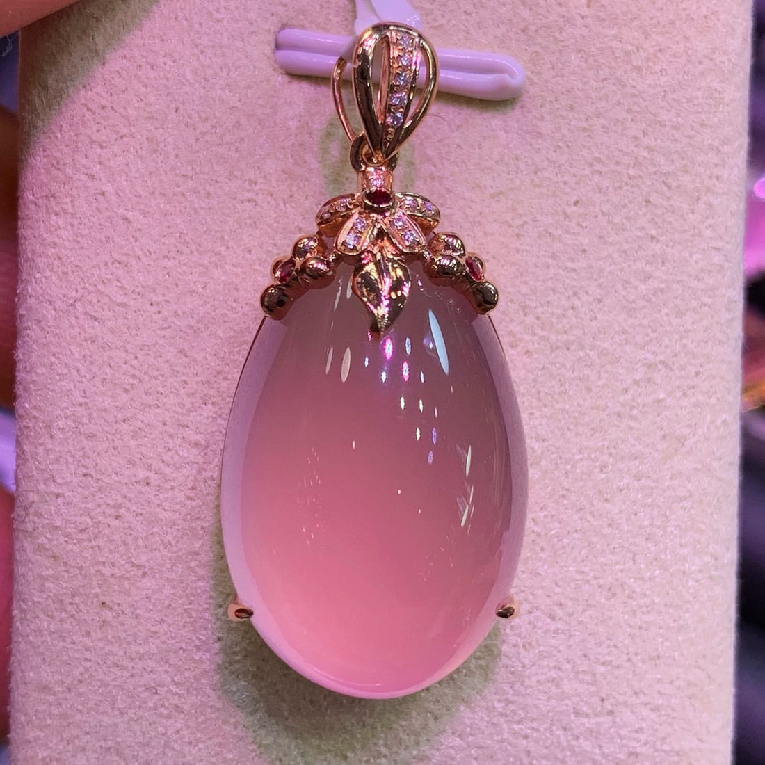 14k Gold 33 Ct Natural Rose Quartz & Diamond & Ruby Pendant( Without Chain ) - 4
