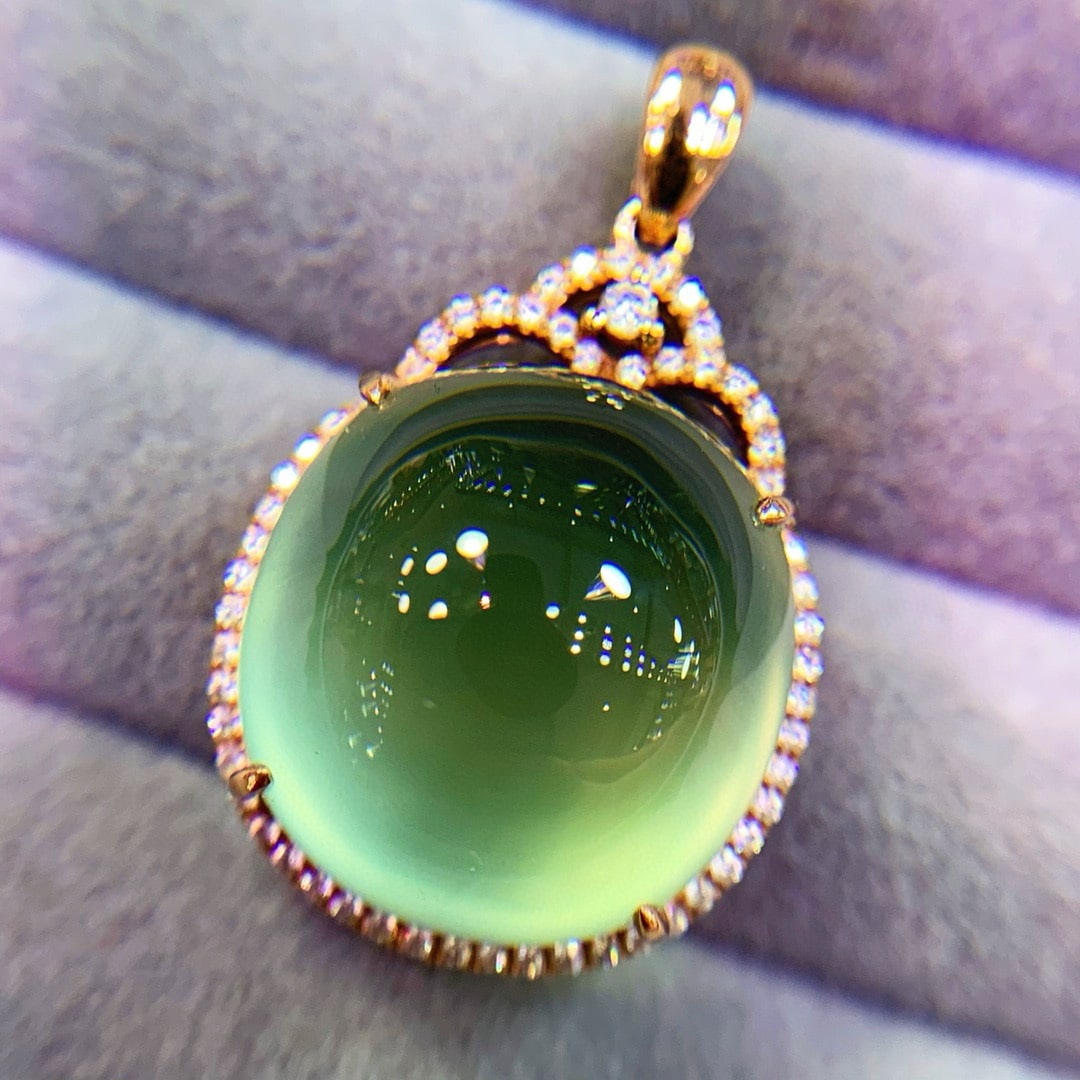 14k Gold 20 Ct Natural Prehnite & Diamond Pendant( Without Chain ) - 2