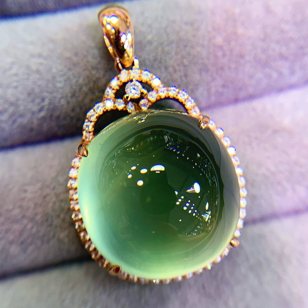 14k Gold 20 Ct Natural Prehnite & Diamond Pendant( Without Chain ) - 3
