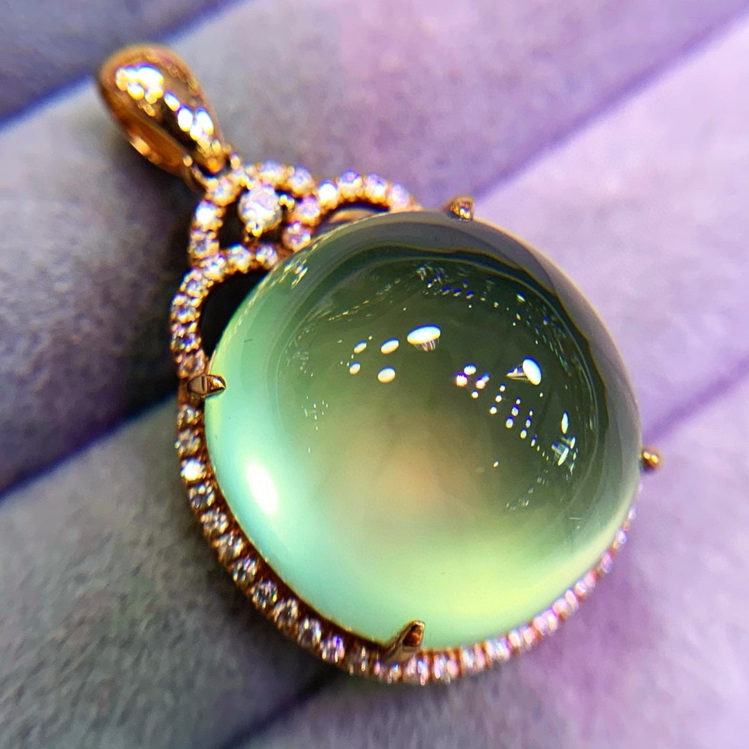 14k Gold 20 Ct Natural Prehnite & Diamond Pendant( Without Chain ) - 4