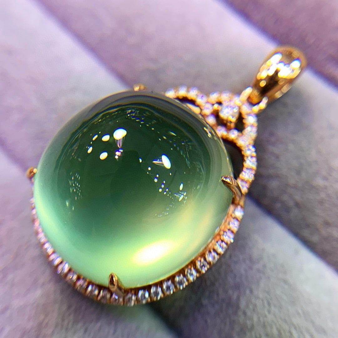 14k Gold 20 Ct Natural Prehnite & Diamond Pendant( Without Chain ) - 5