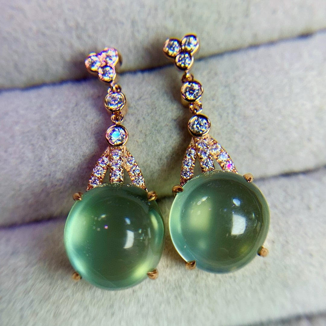14k Gold 8.7 Ct Natural Prehnite & Diamond Earrings - 3