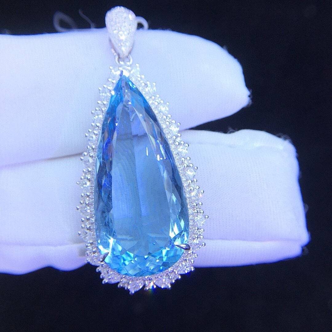 14k Gold 15.21 Ctw Natural Aquamarine & Diamond Pendant( Without Chain ) - 2