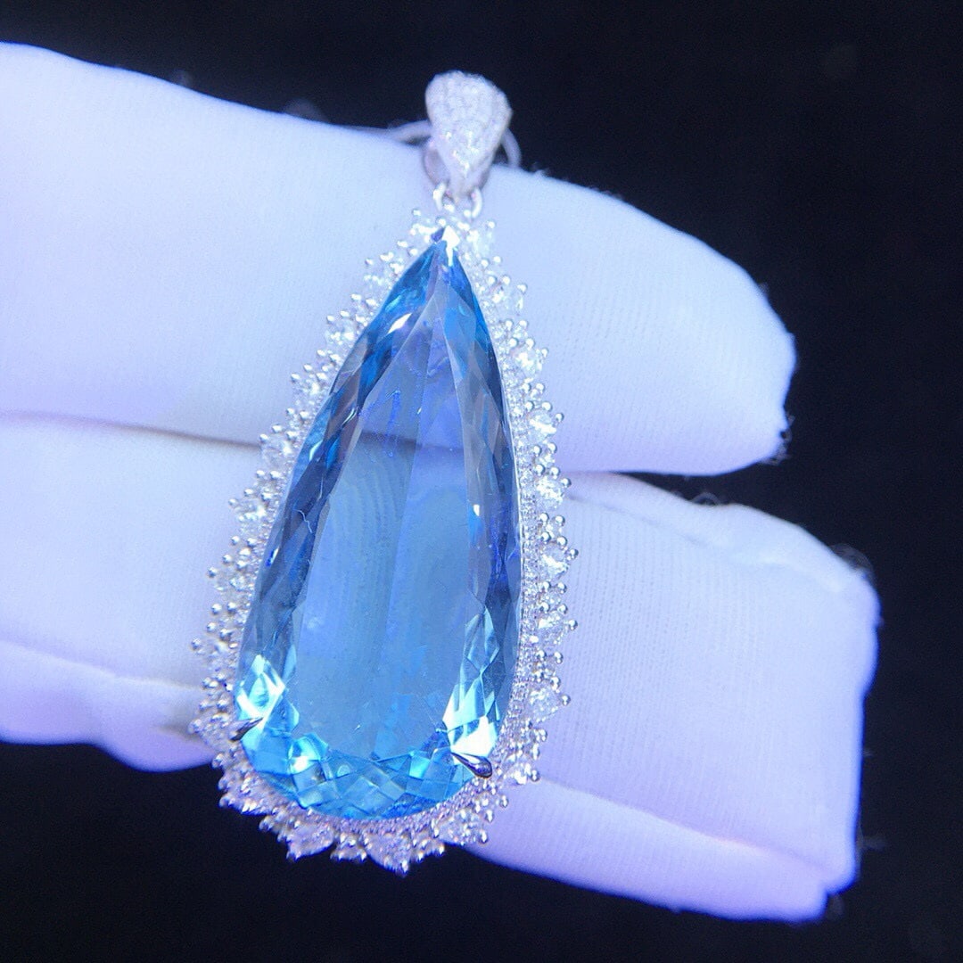 14k Gold 15.21 Ctw Natural Aquamarine & Diamond Pendant( Without Chain ) - 3
