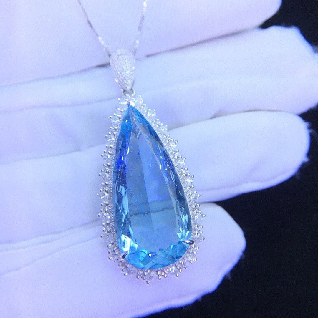 14k Gold 15.21 Ctw Natural Aquamarine & Diamond Pendant( Without Chain ) - 4