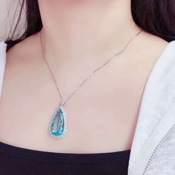 14k Gold 15.21 Ctw Natural Aquamarine & Diamond Pendant( Without Chain ) - 6