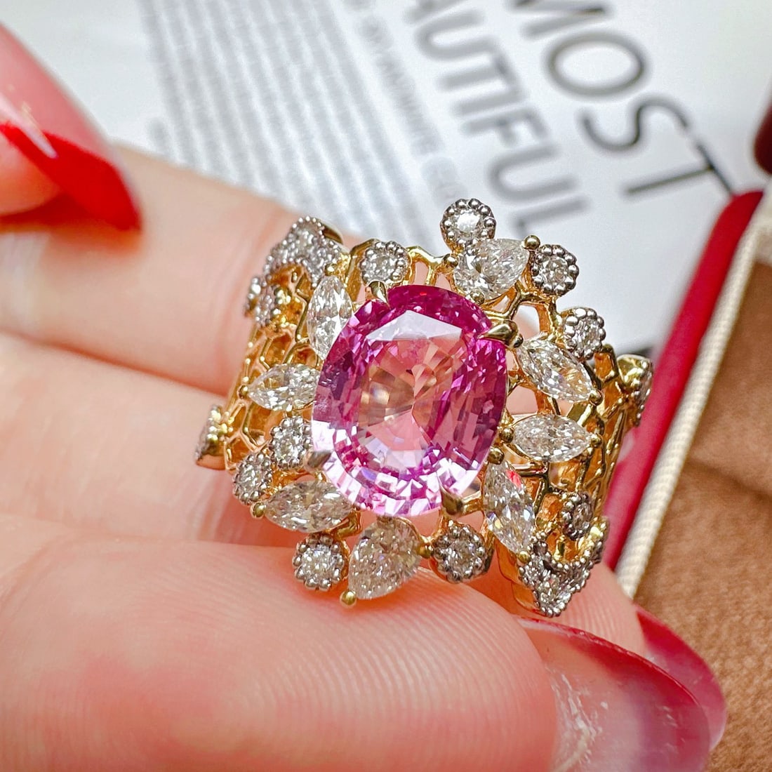 14k Gold 2.83 Ctw Natural Padparadscha Sapphire & Diamond Ring - 3