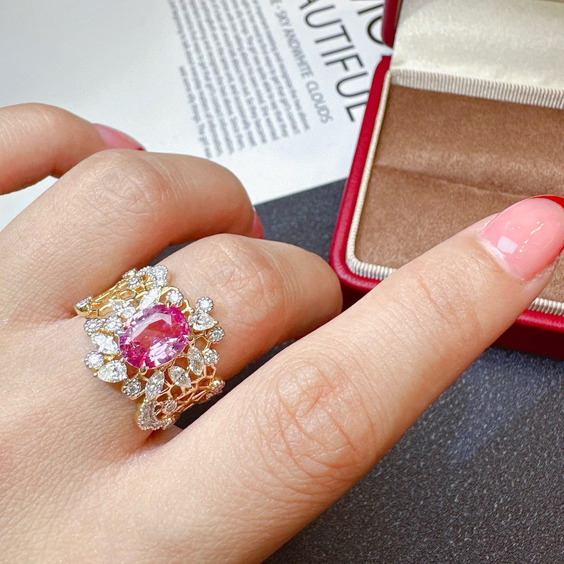 14k Gold 2.83 Ctw Natural Padparadscha Sapphire & Diamond Ring - 5