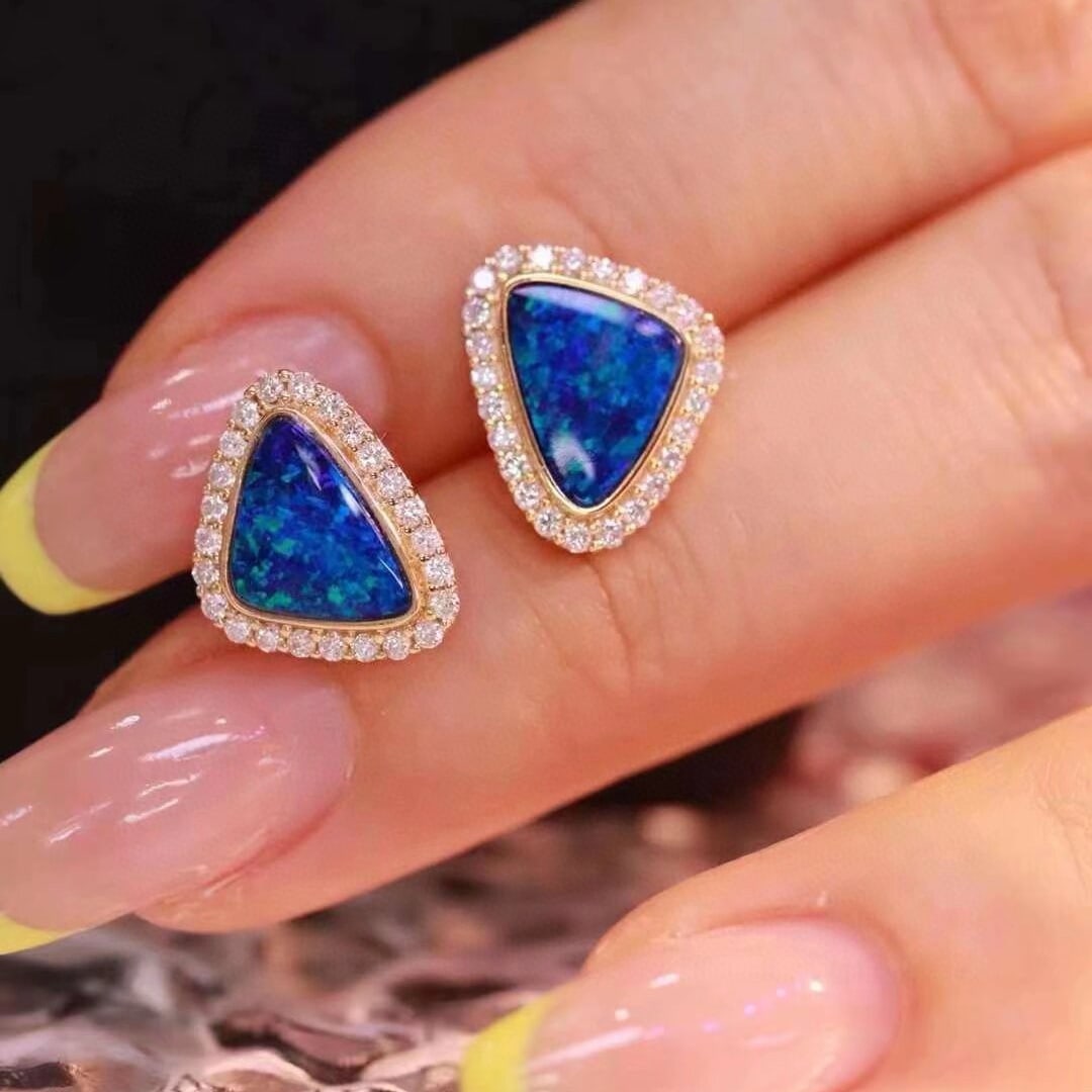 14k Gold 2.91 Ctw Natural Opal & Diamond Earrings - 3