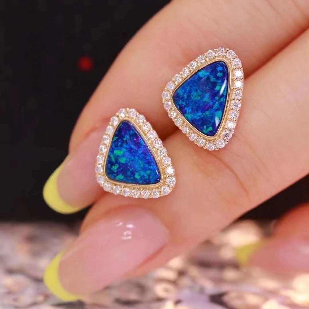 14k Gold 2.91 Ctw Natural Opal & Diamond Earrings - 4