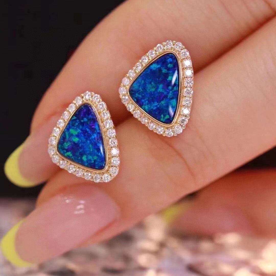 14k Gold 2.91 Ctw Natural Opal & Diamond Earrings - 5
