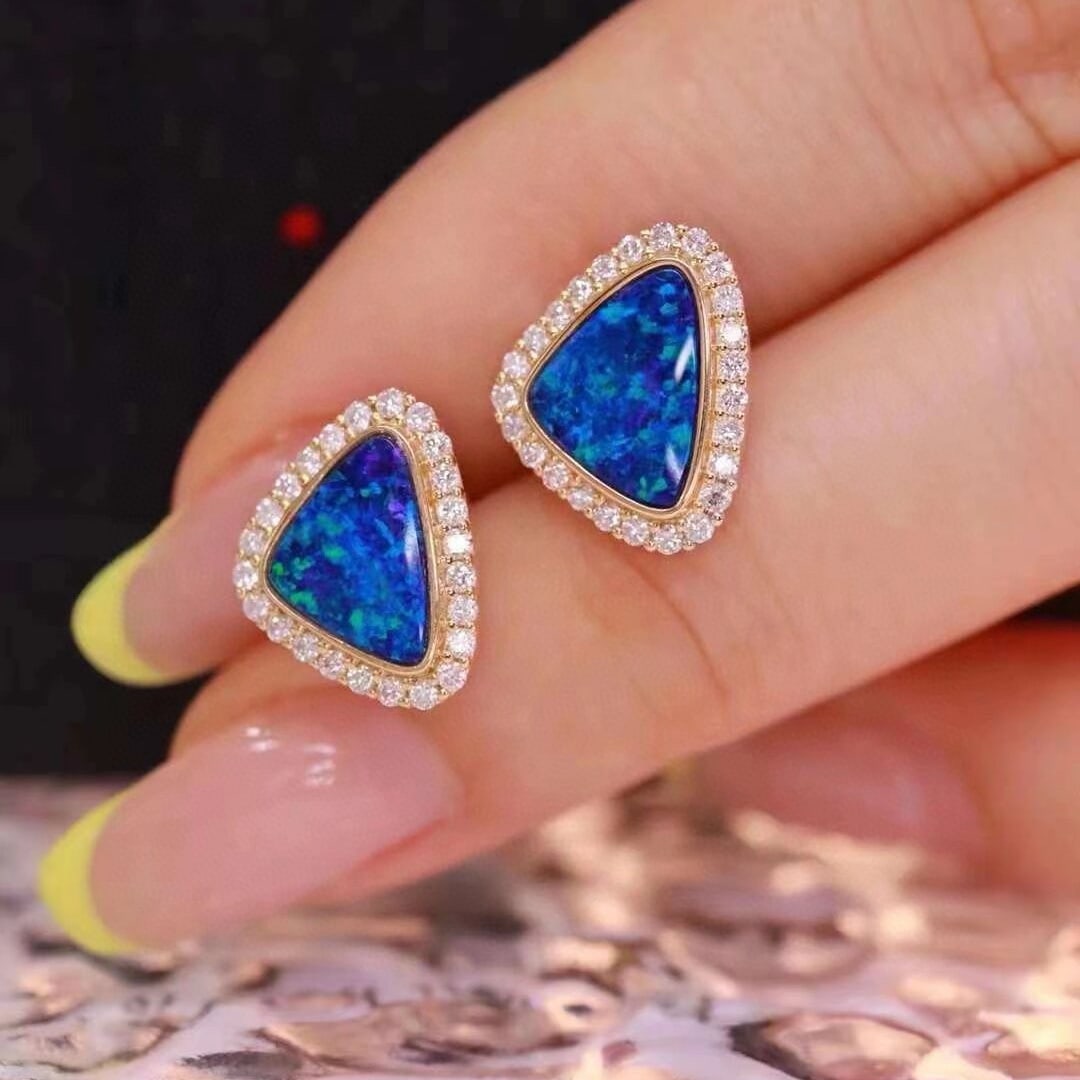 14k Gold 2.91 Ctw Natural Opal & Diamond Earrings - 6