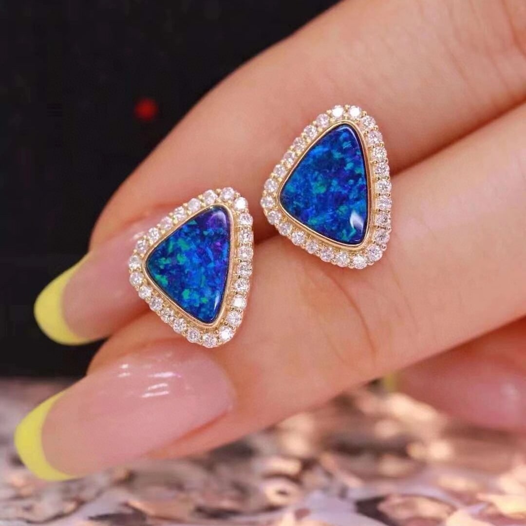 14k Gold 2.91 Ctw Natural Opal & Diamond Earrings - 7