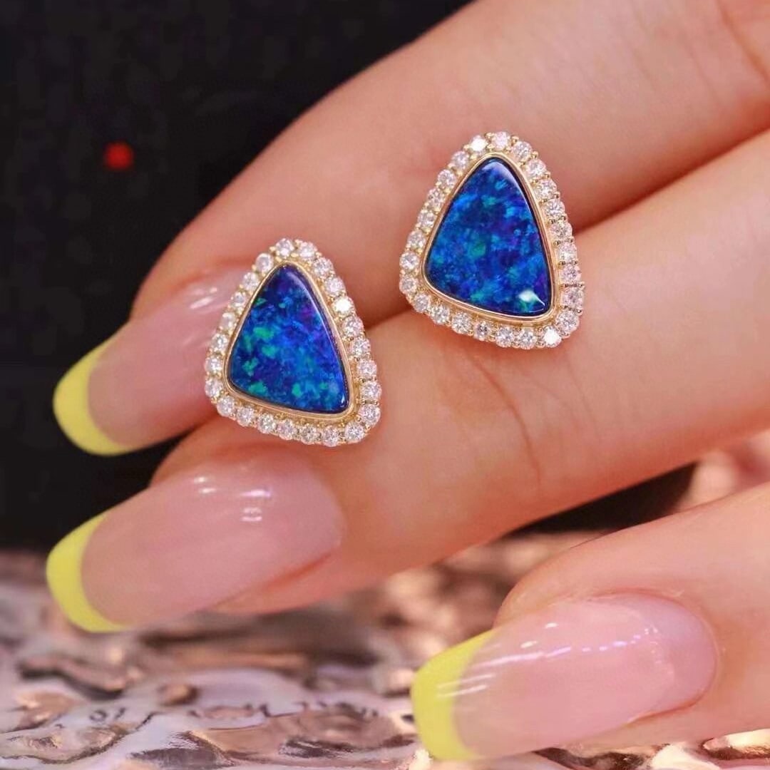 14k Gold 2.91 Ctw Natural Opal & Diamond Earrings - 8