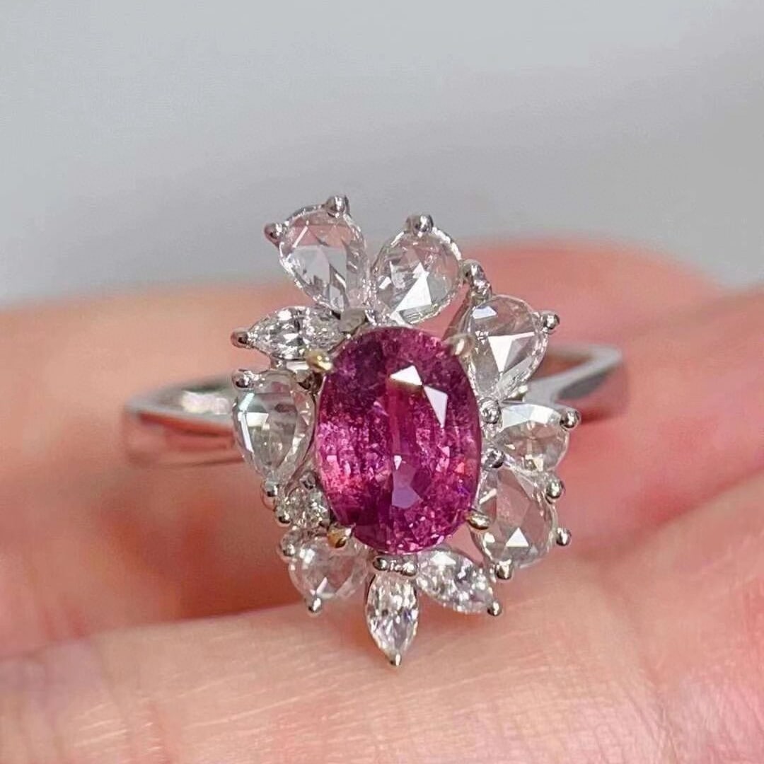 14k Gold 2.28 Ctw Natural Sapphire & Diamond Ring: Ref:231052123 // gold content:14k gold // ring size:7. 25us // // main gemstone:sapphire // shape:oval // carat weight:1. 7ct // color:pink // treatment:natural // // adjacent gemstone 2 : diamond // 