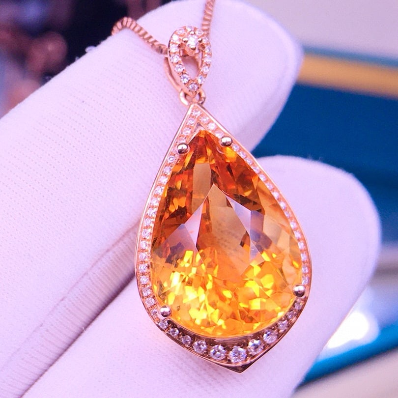14k Gold 9 Ct Natural Citrine & Diamond Pendant( Without Chain ) - 2