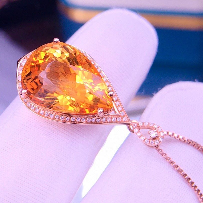14k Gold 9 Ct Natural Citrine & Diamond Pendant( Without Chain ) - 3