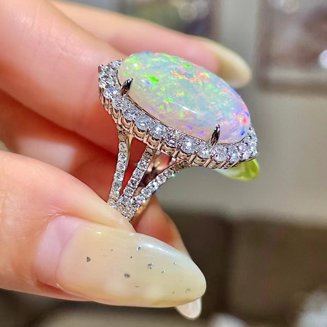 14k Gold 10.60 Ctw Natural Opal & Diamond Ring - 2
