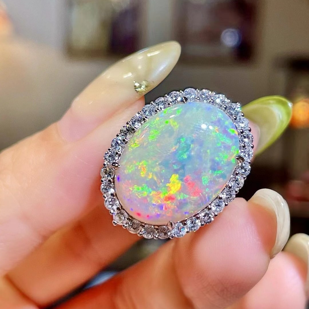 14k Gold 10.60 Ctw Natural Opal & Diamond Ring - 3