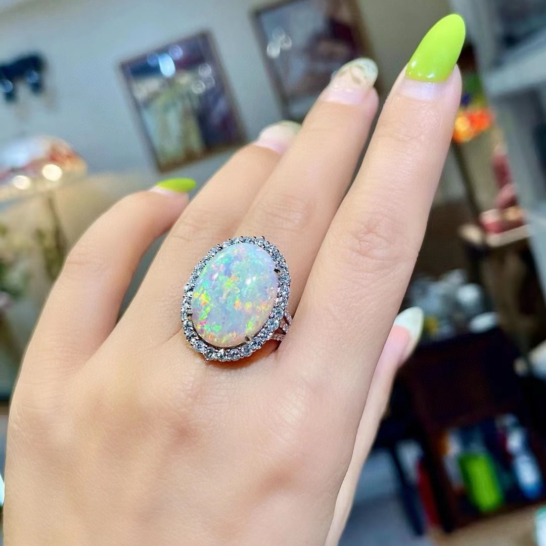 14k Gold 10.60 Ctw Natural Opal & Diamond Ring - 4
