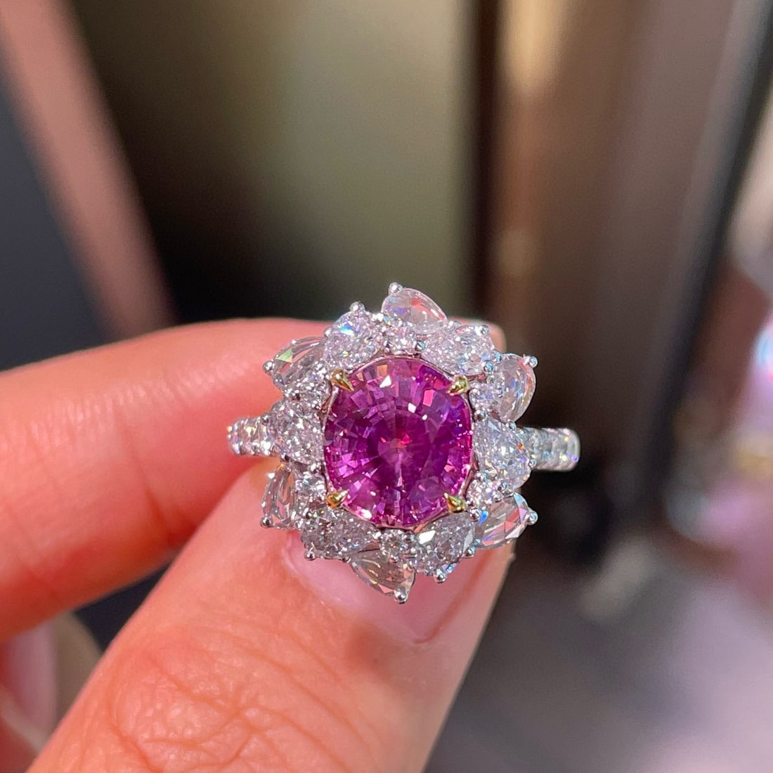 14k Gold 4.26 Ctw Natural Sapphire & Diamond Ring: Ref:231052131 // gold content:14k gold // ring size:7. 25us // // main gemstone:sapphire // shape:oval // carat weight:2. 88ct // color:purple // treatment:natural // // adjacent gemstone 2 : diamond 