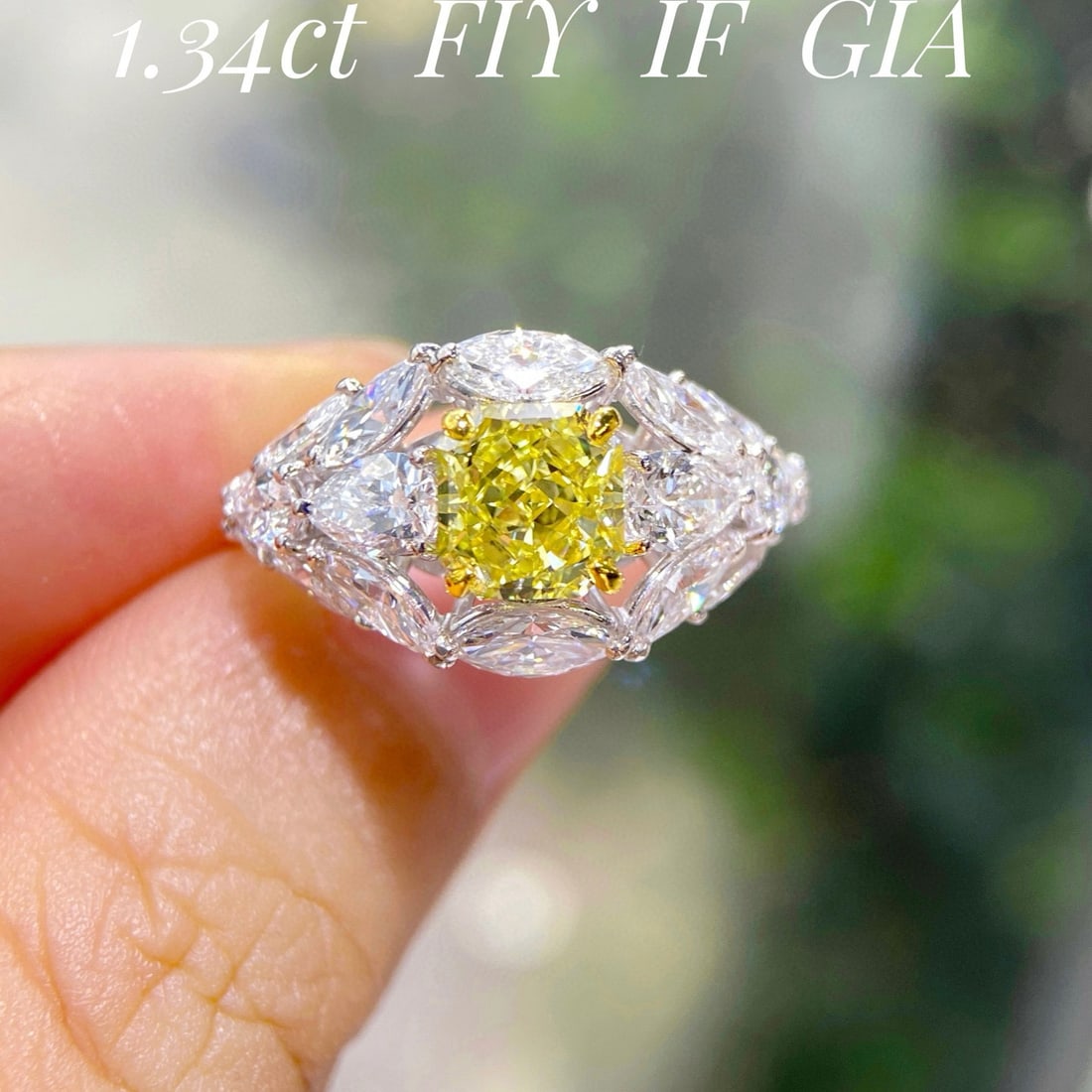 Gia Certified 14k Gold 3.37 Ctw Natural Yellow Diamond & Diamond Ring: Ref:231052132 // gold content:14k gold // ring size:7. 25us // // main gemstone:yellow diamond // certified:gia // shape:radiant // carat weight:1. 34ct // clarity grade:if // color:yellow // treatmen
