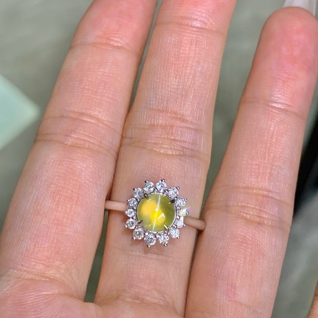 14k Gold 1.20 Ct Natural Cat's?Eye Chrysoberyl & Diamond Ring - 6