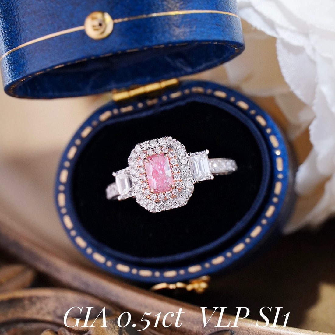 Gia Certified 14k Gold 1.72 Ctw Natural Pink Diamond & Diamond Ring: Ref:231052138 // gold content:14k gold // ring size:7. 25us // // main gemstone:pink diamond // certified:gia // shape:radiant // carat weight:0. 51ct // clarity grade:si1 // color:pink //