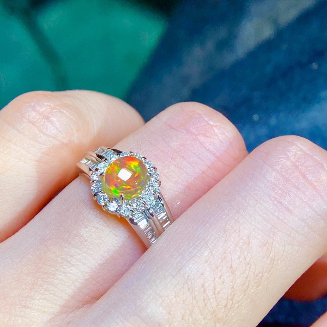 14k Gold 1.69 Ctw Natural Opal & Diamond Ring - 7
