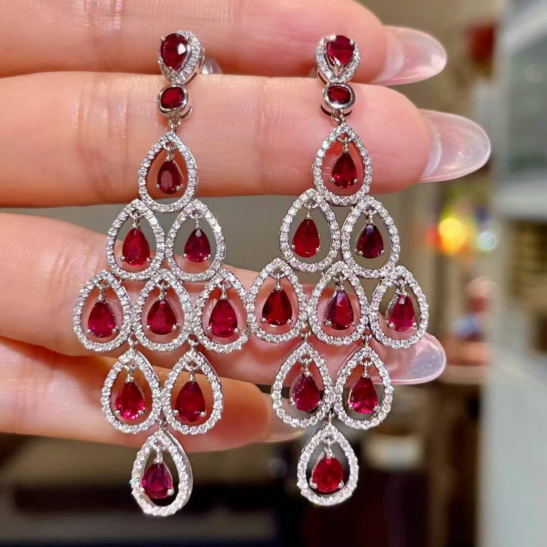 14k Gold 8.42 Ctw Natural Ruby & Diamond Earrings: Ref:231052149 // gold content:14k gold // main gemstone:ruby // shape:multiply // carat weight:6. 67ct // color:red // treatment:natural // // adjacent gemstone 2 : diamond // shape:round // carat wei
