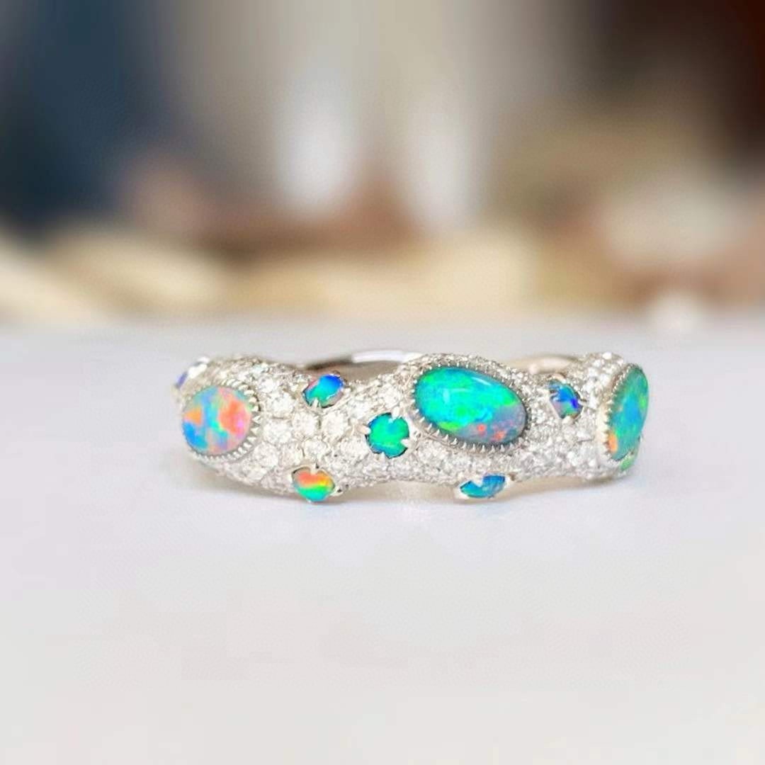 14k Gold 1.7 Ctw Natural Opal & Diamond Ring - 9