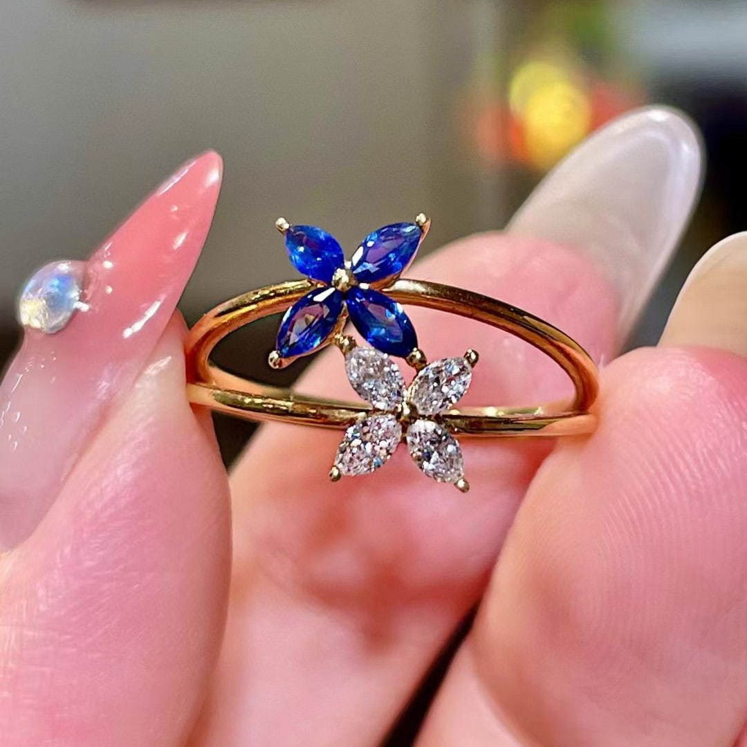 14k Gold 0.52 Ctw Natural Sapphire & Diamond Ring: Ref:231052188 // gold content:14k gold // ring size:7. 25us // // main gemstone:sapphire // shape:marquise // carat weight:0. 35ct // color:blue // treatment:natural // // adjacent gemstone 2 :