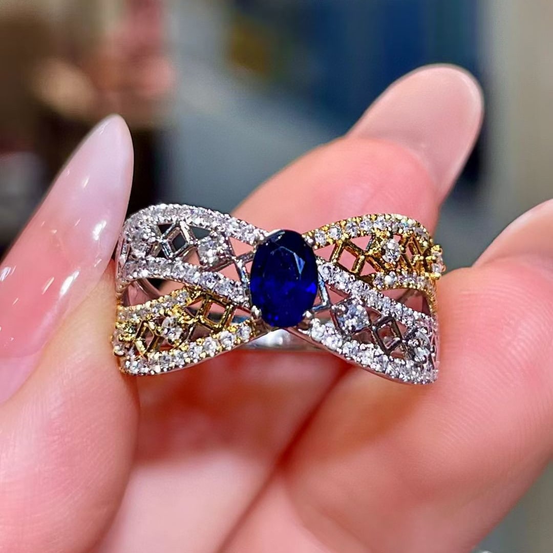 14k Gold 1.02 Ctw Natural Sapphire & Diamond Ring: Ref:231052189 // gold content:14k gold // ring size:7. 25us // // main gemstone:sapphire // shape:oval // carat weight:0. 50ct // color:blue // treatment:natural // // adjacent gemstone 2 : diamond